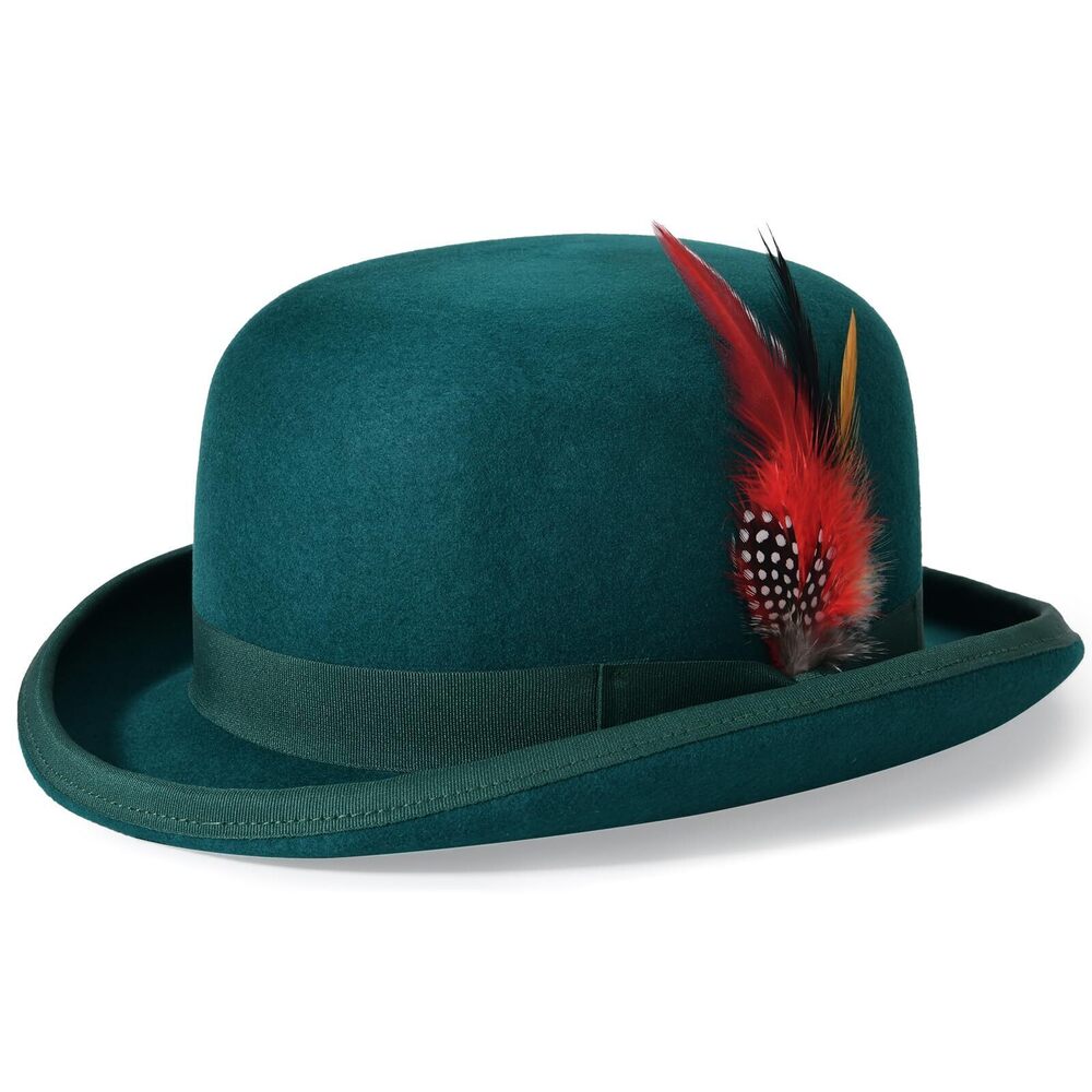 4026 Bowler Hat 100% Wool Black Derby Hats with Feather Costume Hats Short